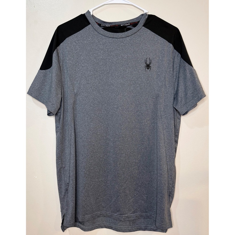 Spyder Active Mens Gray Black Two Tone Short Sleeve Performance T-Shirt Logo